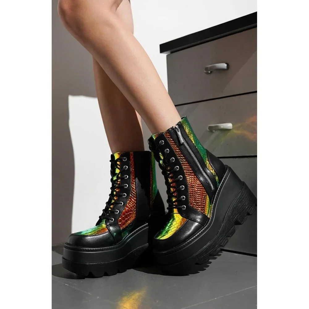 Women's Black Chunky Block Heels Pointed Toe Leather Buckle Strap Retro Boots